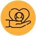 Yellow circle with icon showing a hand holding a heart shape containing an person outline
